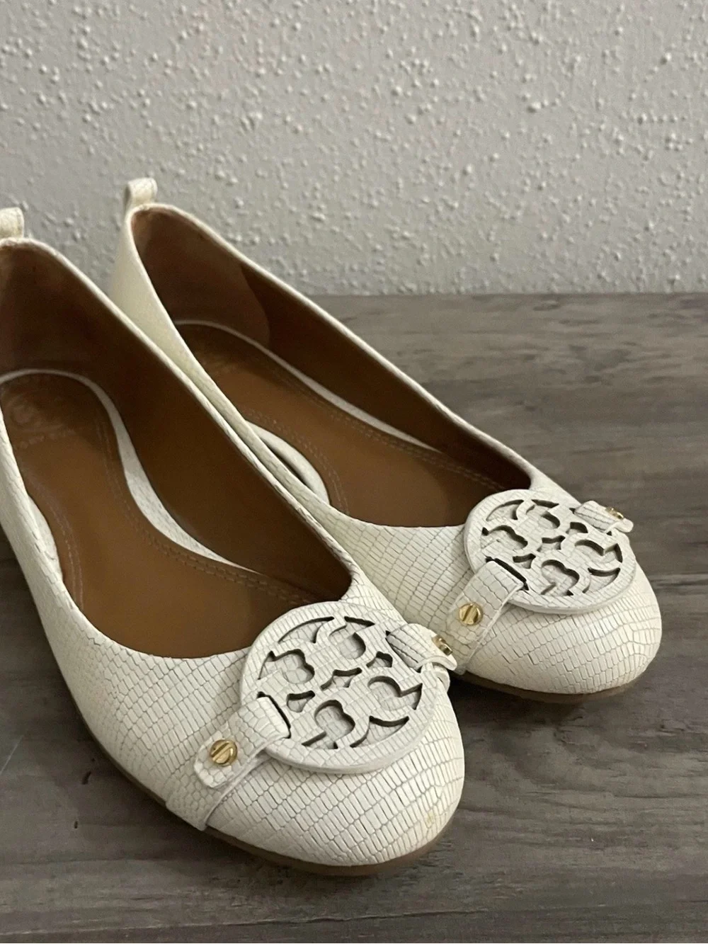 Tory Burch White Textured Logo Ballet Flats